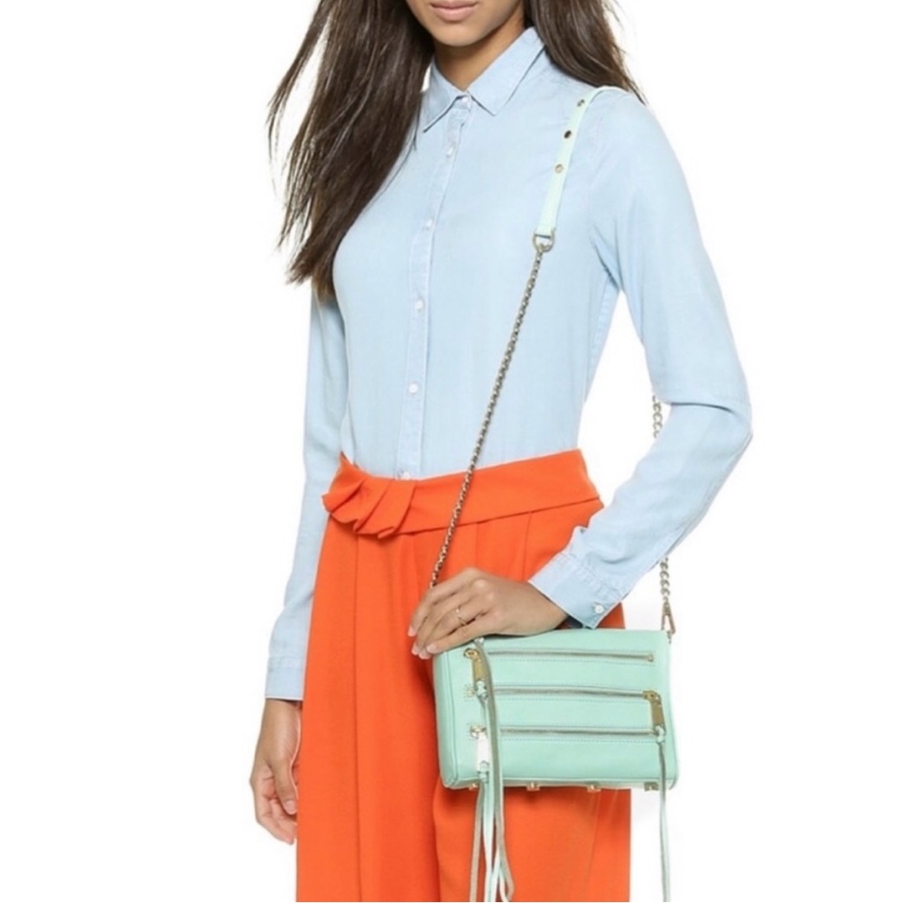 Rebecca Minkoff Mini 5 Zip Crossbody Purse Light Mint Green Leather Gold